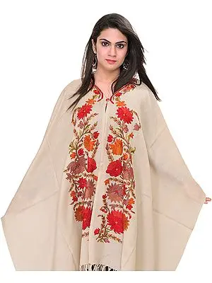 Sandshell-Colored Cape from Kashmir with Aari Embroidered Flowers by Hand