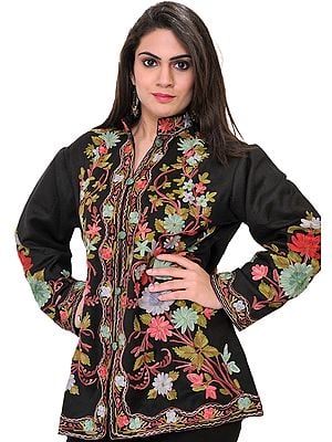 Caviar-Black Jacket from Kashmir with Aari Embroidered Flowers