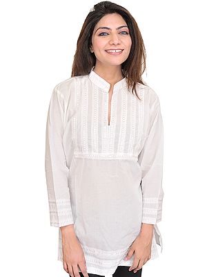 Bright-White Plain Kurti with Lace