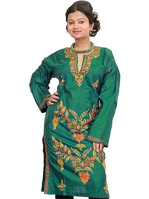 Deep-Lake Kashmiri Kurti with Aari Embroidery by Hand