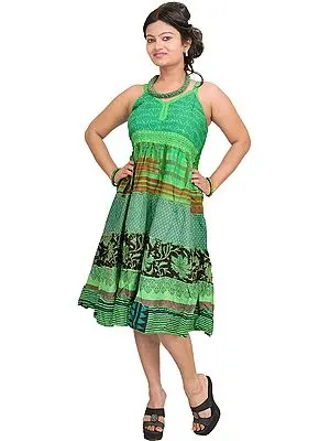 Bud-Green Printed Barbie Dress with Patchwork