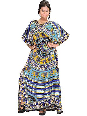 Kaftan with Printed Elephants and Dori at Waist