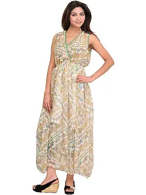Snow-White Summer Dress with Printed Paisleys and Waist Sash