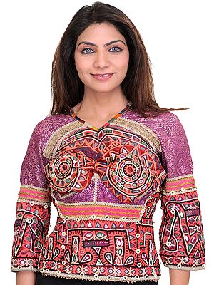 Chinese-Violet Backless Choli from Kutch with Rabari Embroidery and Mirrors