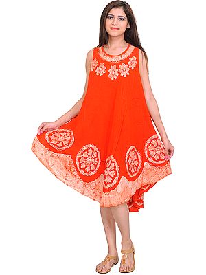 Fiesta-Orange Dress with Batik Printed Flowers and Threadwork