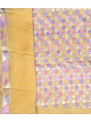 Straw-Yellow Phulkari Salwar Kameez Fabric From Punjab with Aari Embroidery All-Over