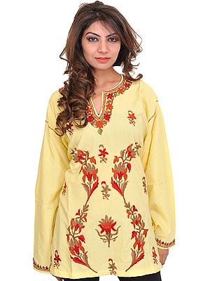 Mellow-Yellow Kashmiri Kurti with Aari-Embroidered Flowers by Hand