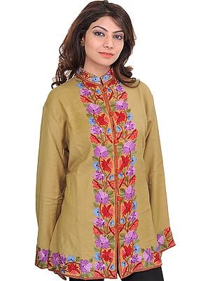 Prairie-Sand Jacket from Kashmiri with Floral Aari Embroidery on Border
