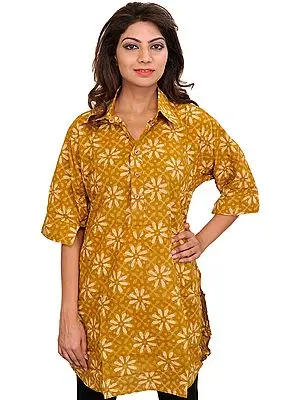 Medal-Bronze Kurti with Block-Printed Flowers and Collar Neck
