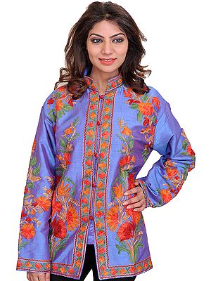 Blue-Bonnet Jacket from Kashmir with Aari-Embroidered Flowers