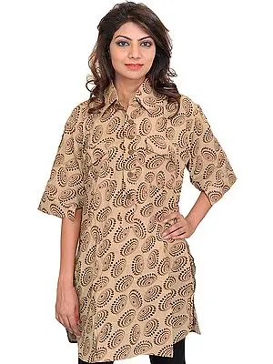 Block-Printed Kurti with Collar Neck and Front Pockets