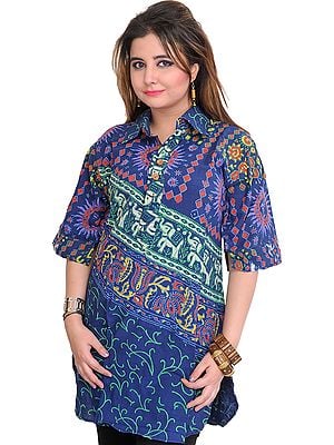Kurti from Pilkhuwa with Printed Elephants and Collar Neck