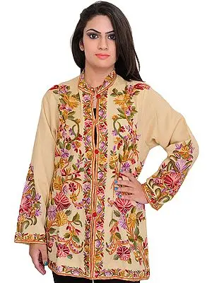 Almond-Oil Jacket from Kashmir with Floral Aari-Embroidery by Hand