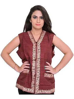 Oxbool-Red Waistcoat from Kashmir with Aari Embroidered Paisleys and Front Pockets