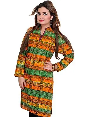 Tri-Color Kurti with Printed Om and Ritual Motifs
