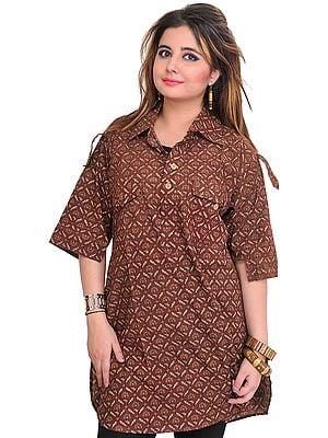 Cinnamon-Brown Block-Printed Kurti from Pilkhuwa with Front Pockets