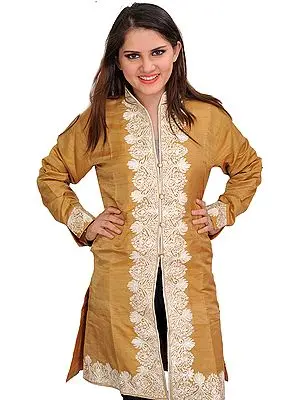 Mustard-Gold Jacket from Kashmir with Aari-Embroidered Paisleys on Border