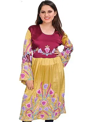 Magenta-Purple and Golden Dress from Kashmir with Aari-Embroidered Flowers