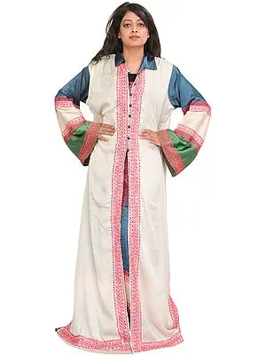 Tri-Color Two-Piece Long Gown from Kashmir with Aari-Embroidery
