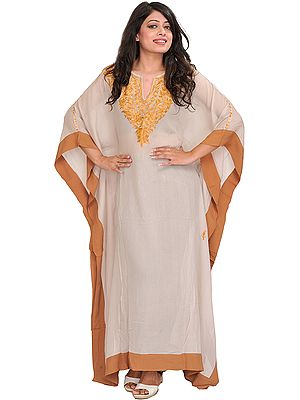 Crystal-Gray and Brown Sheer Kaftan from Kashmir with Aari-Embroidery on Neck