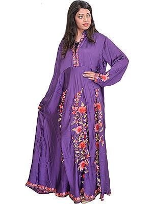 Royal-Purple Long Gown from Kashmir with Aari-Embroidered Flowers
