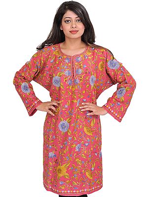 Desert-Rose Phiran from Kashmir with Floral Aari-Embroidery by Hand