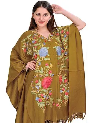 Tapenade-Green Cape from Kashmir with Aari Embroidered Flowers by Hand