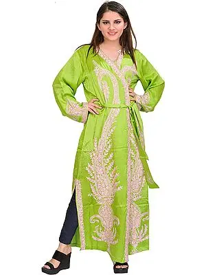Parrot-Green Robe from Kashmir with Aari Embroidered Paisleys