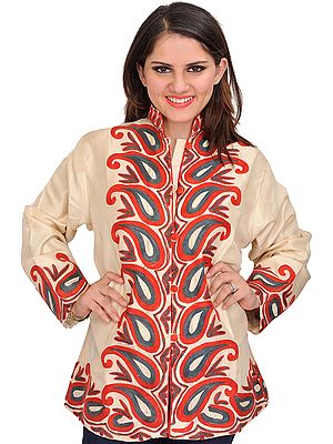 Pearled-Ivory Jacket from Kashmir with Aari Embroidered Paisleys