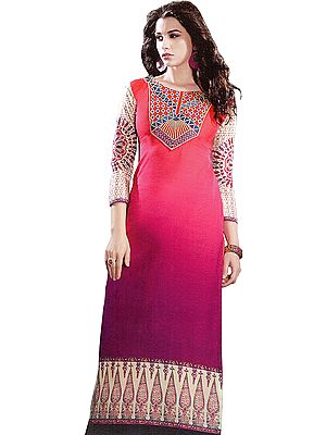 Printed Long Kurti with Embroidered Patch on Neck