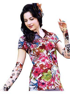 Pink and Brown Shirt with Digital-Printed Flowers