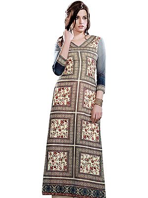 Long Kurti with Printed Flowers and Embroidered Patch Border
