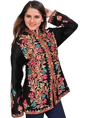 Caviar-Black Jacket from Kashmir with Aari Hand-Embroidered Tree of Life