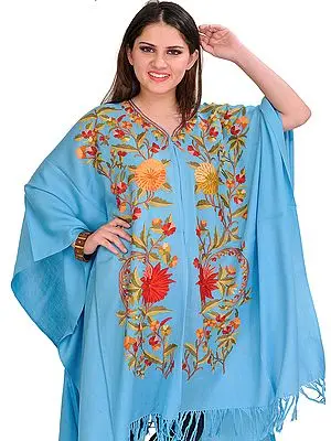 Sky-Blue Cape from Kashmir with Aari Embroidery by Hand