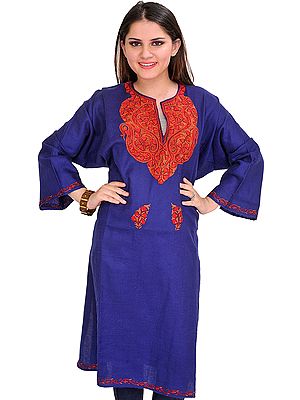 Ribbon-Blue Phiran from Kashmir with Aari Hand-Embroidery on Neck