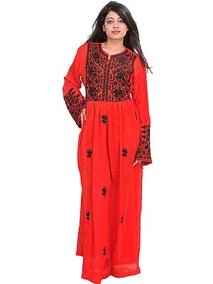 Tomato-Red Long Dress from Kashmir with Aari Black Embroidery and Self-Weave
