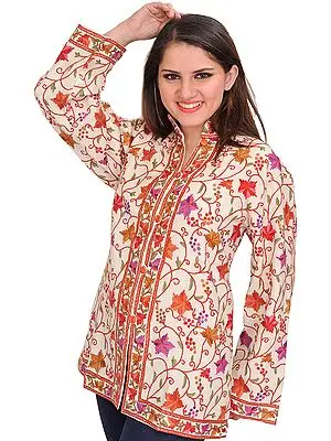 Ivory Jacket from Kashmir with Aari Hand-Embroidery All-Over