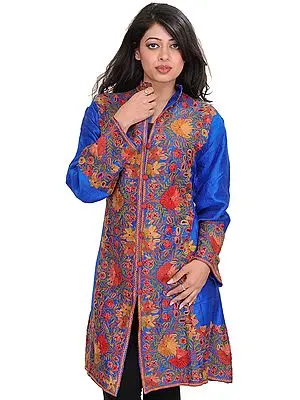 Imperial-Blue Long Jacket from Kashmir with Floral Aari-Embroidery by Hand