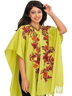 Daiquiri-Green Cape from Kashmir with Aari Hand-Embroidered Flowers