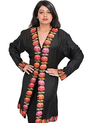 Jet-Black Jacket from Kashmir with Hand-Embroidered Flowers on Border