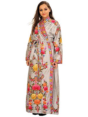 Silver Robe from Kashmir with Aari Hand-Embroidered Flowers