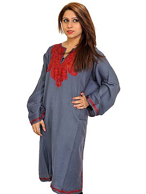 Gray Phiran from Kashmir with Aari Hand-Embroidered Paisleys on Neck