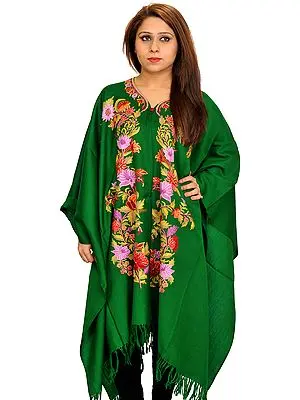 Fairway-Green Cape from Kashmir with Floral Aari-Embroidery by Hand
