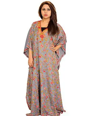 Gray Kaftan from Kashmir with Aari Hand-Embroidered Flowers