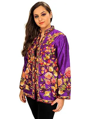 Royal-Lilac Hand Embroidered Short Jacket from Kashmir