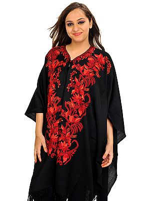 Caviar-Black Cape from Kashmir with Aari-Embroidered Flowers by Hand
