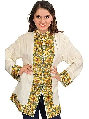 Off-White Jacket from Kashmir with Floral Hand-Embroidery on Border