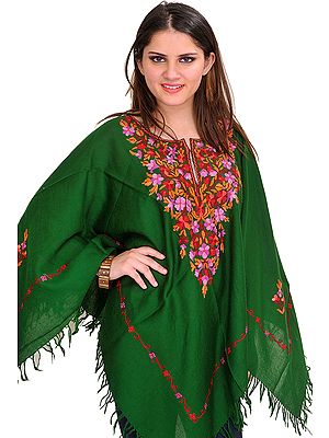 Poncho from Kashmir with Floral Hand-Embroidery on Neck
