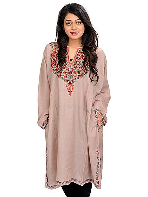 Pale-Taupe Phiran from Kashmir with Floral Hand-Embroidery on Neck