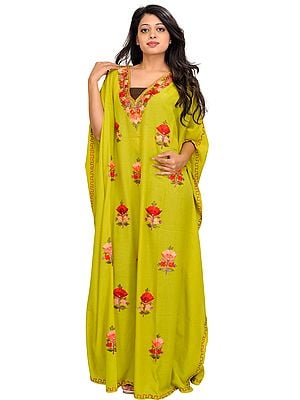 Linden-Green Kaftan from Kashmir with Aari Embroidered Flowers